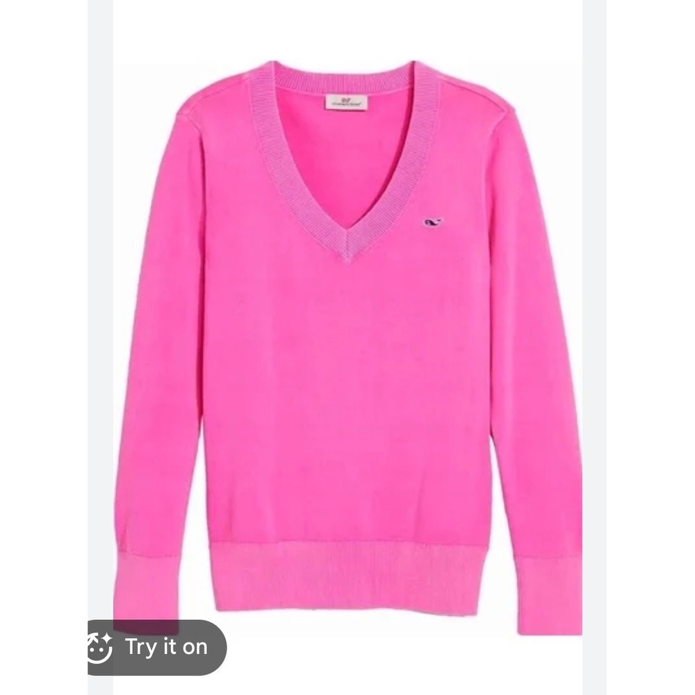 Vineyard Vines Womens Pink V-Neck Cotton Knit Whale Logo Sweater Size M